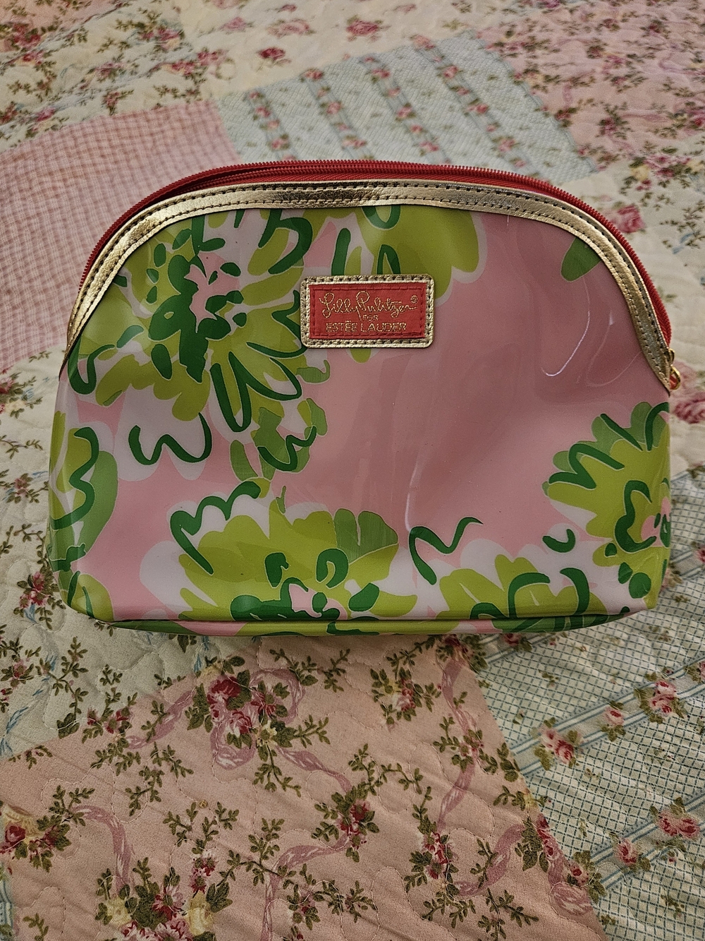 Lilly Pulitzer Pink Floral Vinyl Cosmetic Case with Gold Trim - Picture 1 of 7